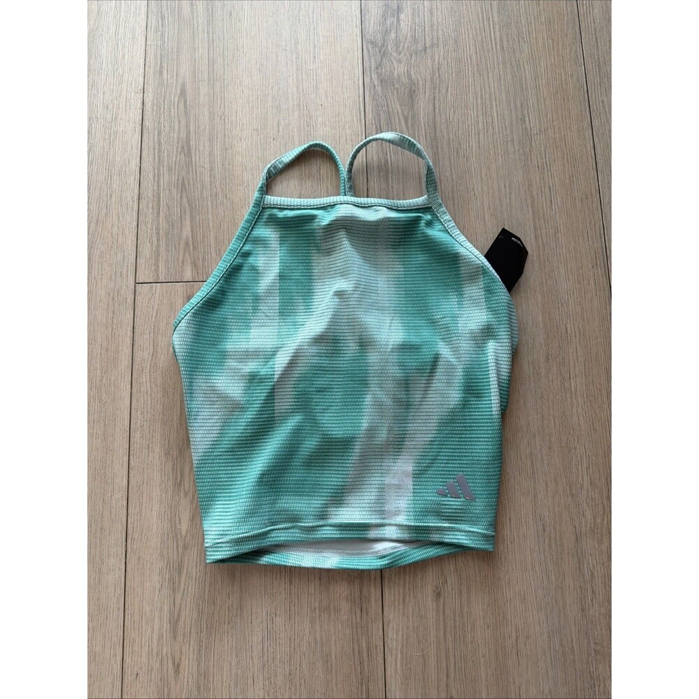 NWT Adidas Sports Top Halter Neck Racer-back Green Stripe Crop Top Small